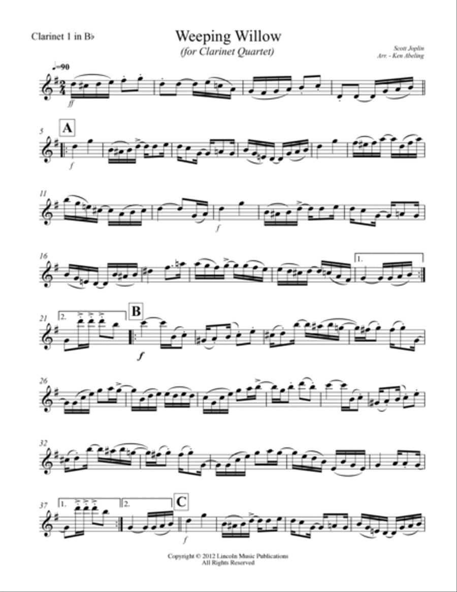 Joplin - “Weeping Willow” (for Clarinet Quartet) Clarinet Quartet scores gallery preview page 5