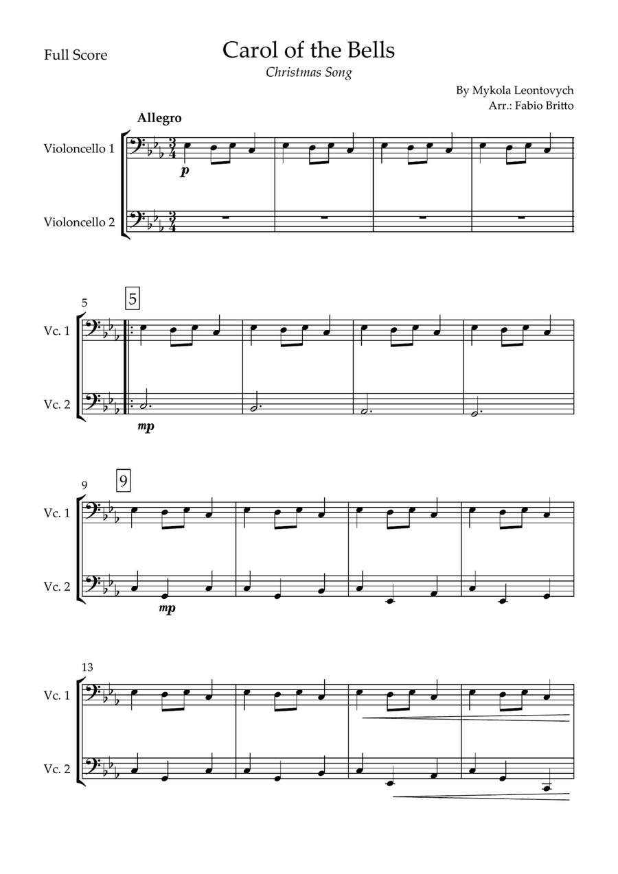 Carol of the Bells (Christmas Song) for Cello Duo