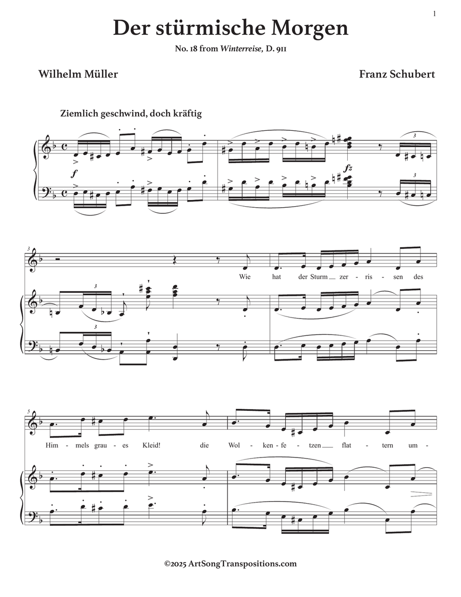 SCHUBERT: Der stürmische Morgen, D. 911 no. 18 (transposed to D minor) Piano, Vocal scores gallery preview page 2