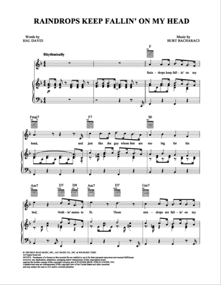 Raindrops Keep Fallin' On My Head Piano, Vocal, Guitar scores gallery preview page 1