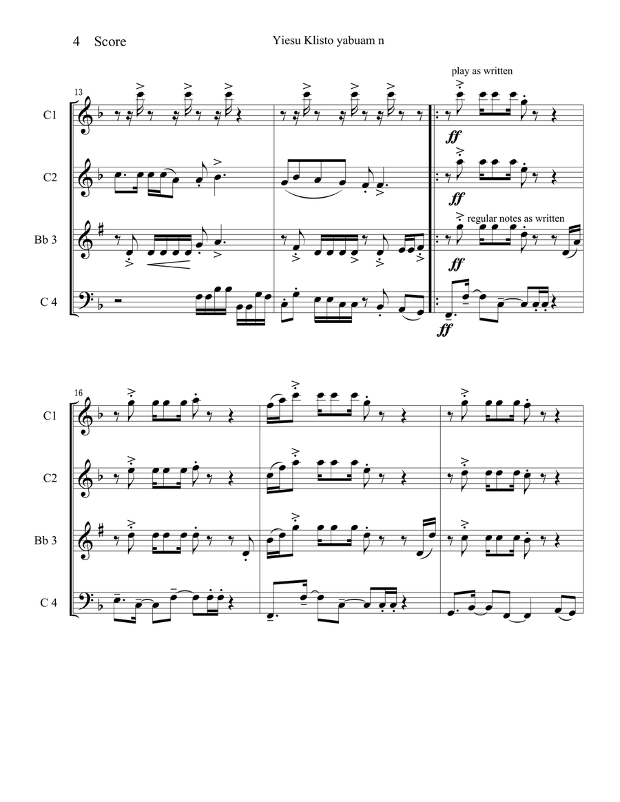 In Jesus Christ's Love - Hymn from Togo, Africa for 4 woodwinds Small Ensemble scores gallery preview page 4