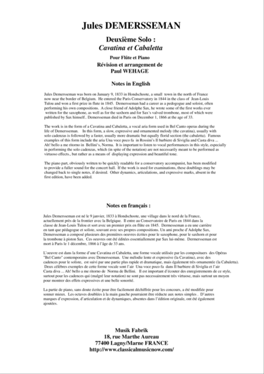 Jules Demersseman : Deuxième Solo : Cavatina et Cabaletta for flute and piano Flute Solo scores gallery preview page 1