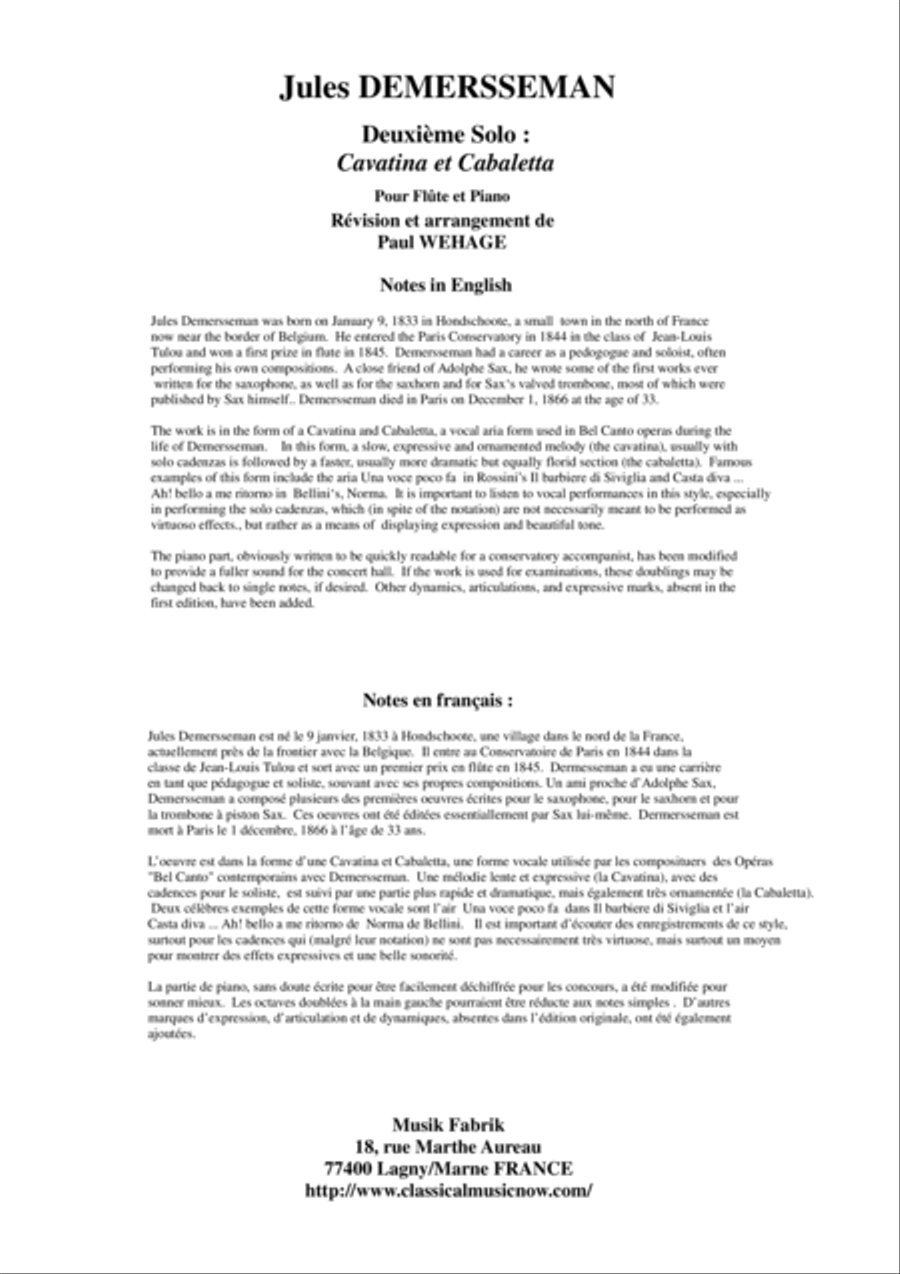 Jules Demersseman : Deuxième Solo : Cavatina et Cabaletta for flute and piano