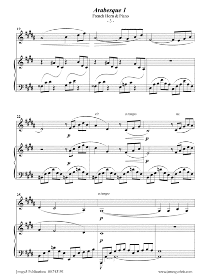 Debussy: Two Arabesques for French Horn & Piano Horn scores gallery preview page 3