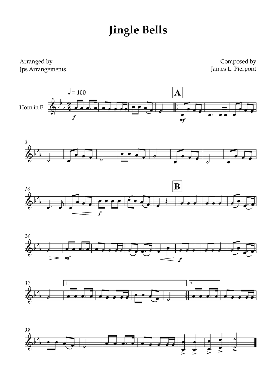 Jingle Bells for French Horn Horn Solo scores gallery preview page 1