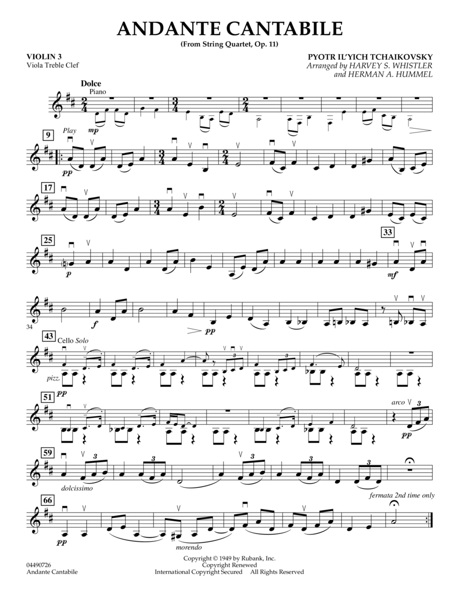 Andante Cantabile (from String Quartet, Op. 11) - Violin 3 (Viola Treble Clef)
