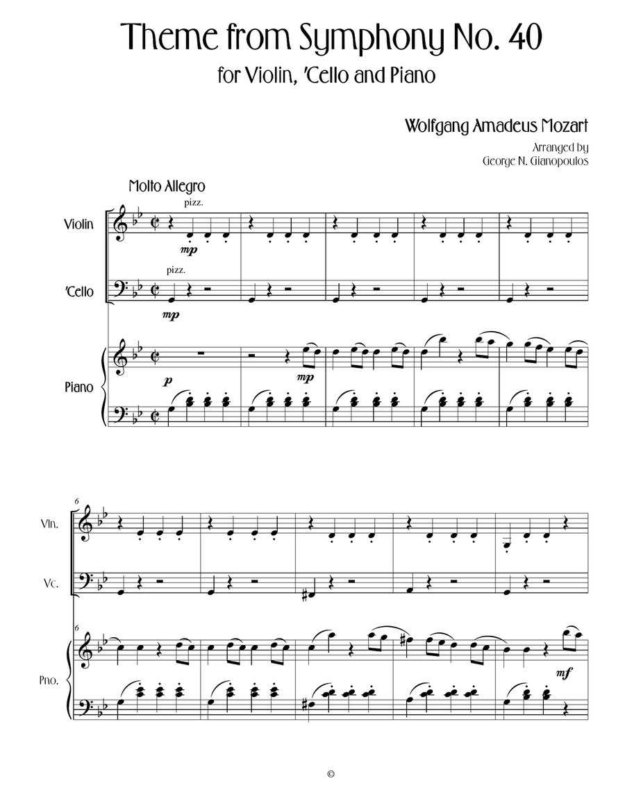 Wolfgang Amadeus Mozart - Theme from Symphony No. 40 for Piano Trio Piano Trio scores gallery preview page 1