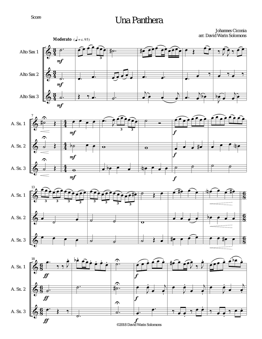 Una panthera in compagnia de Marte (A Panther in company of Mars) arranged for 3 alto saxophones Alto Saxophone scores gallery preview page 1