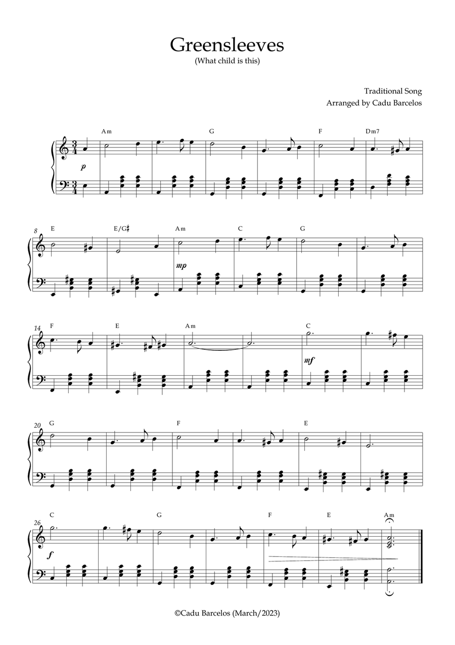 Greensleeves Intermediate Piano - A minor Chords (1) Piano Solo scores gallery preview page 1