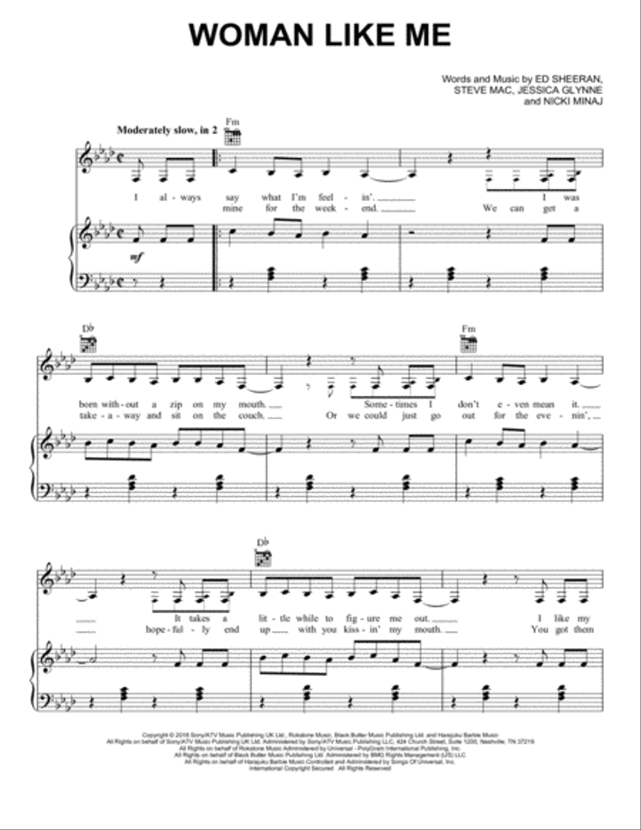 Woman Like Me (feat. Nicki Minaj) Piano, Vocal, Guitar scores gallery preview page 1