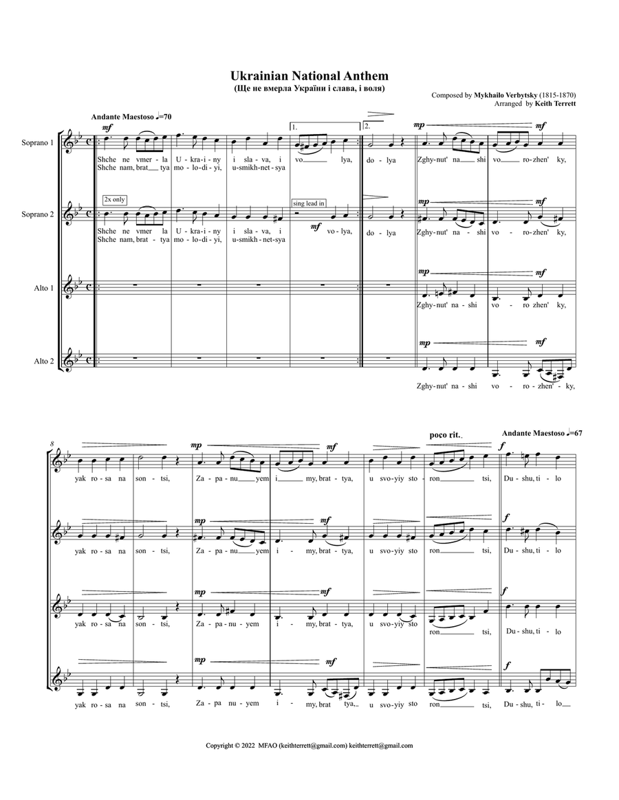 Ukrainian National Anthem for Female Choir SSAA SSAA scores gallery preview page 2