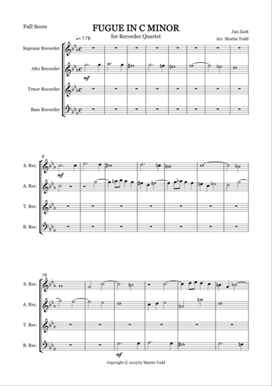 Fugue in C Minor for Recorder Quartet Small Ensemble scores gallery preview page 2
