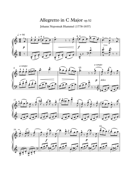 Allegretto in C Major by Johann Nepomuk Hummel Piano Solo - Digital Sheet Music