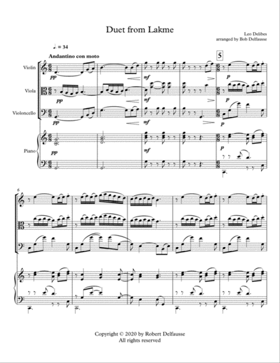Duet from Lakme (Delibes), for piano quartet Piano Quartet scores gallery preview page 2