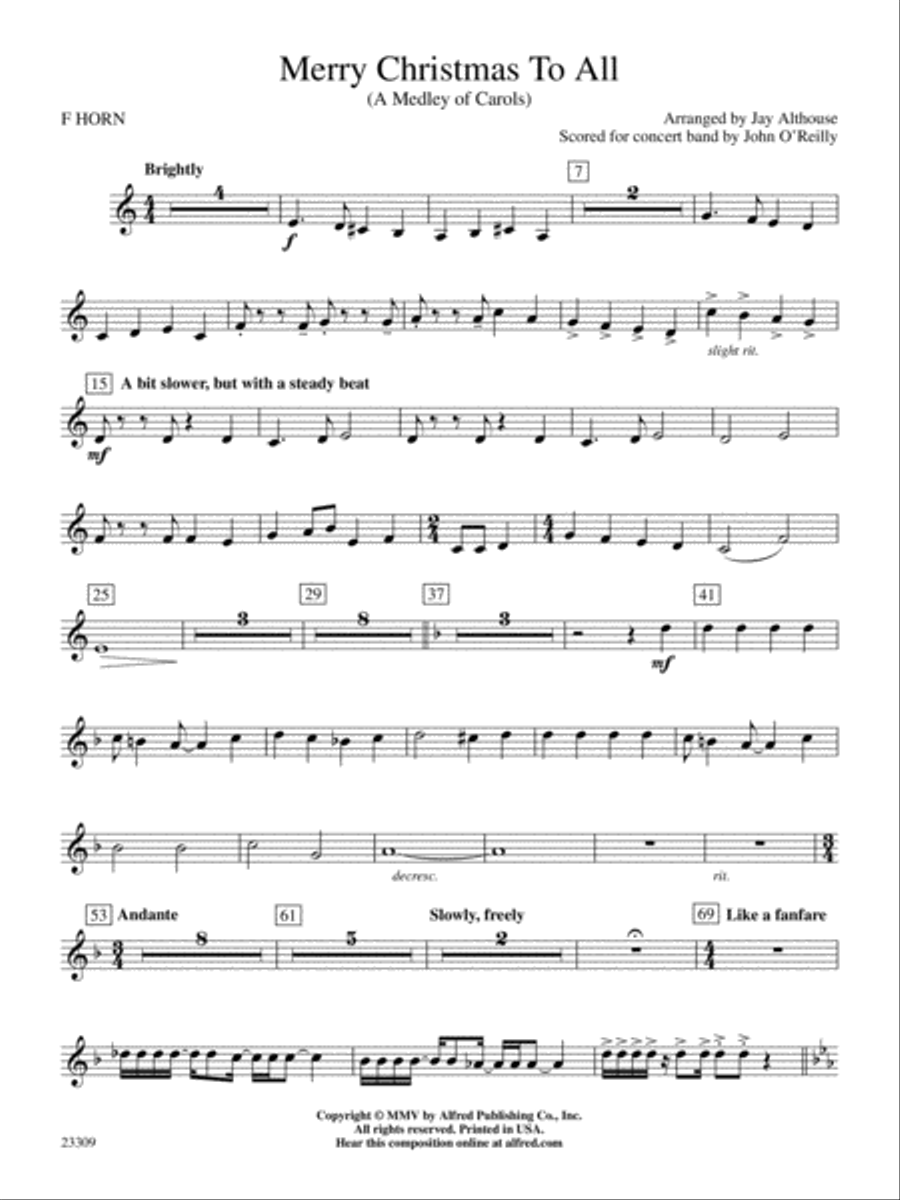 Merry Christmas to All (A Medley of Carols): 1st F Horn Concert Band scores gallery preview page 1