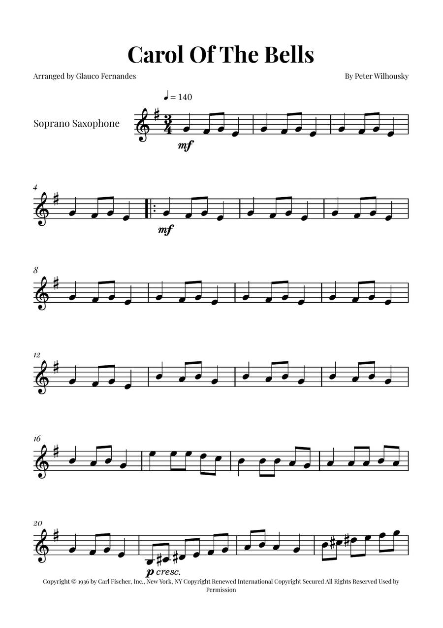 Carol Of The Bells Carol Of The Bells Soprano Saxophone scores gallery preview page 1