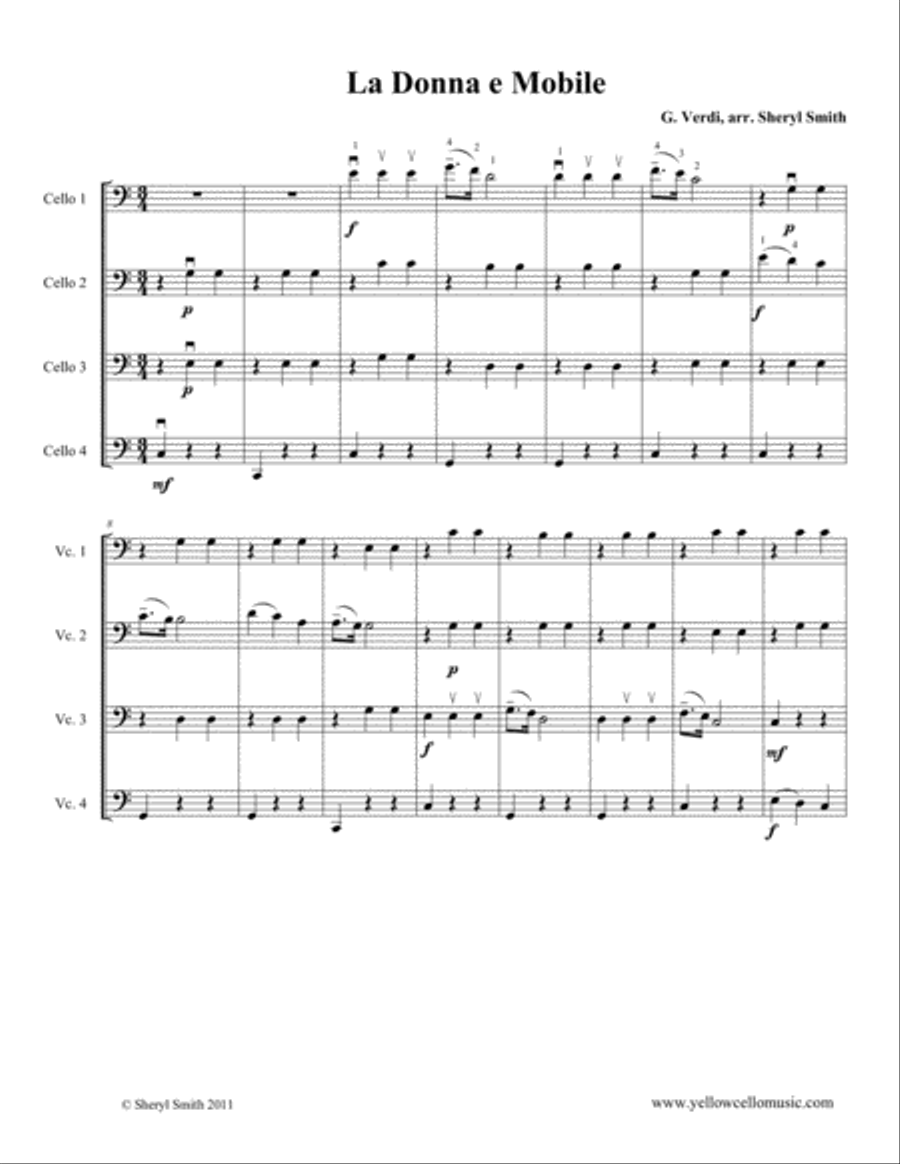 La Donna E Mobile from Rigoletto arranged for four beginner cellos (cello quartet) Cello scores gallery preview page 1