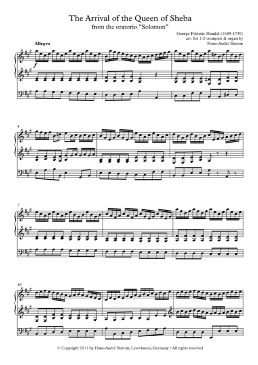 G. F. Handel - Arrival of the Queen of Sheba for 1-2 trumpets and organ Version in A Trumpet Duet scores gallery preview page 5