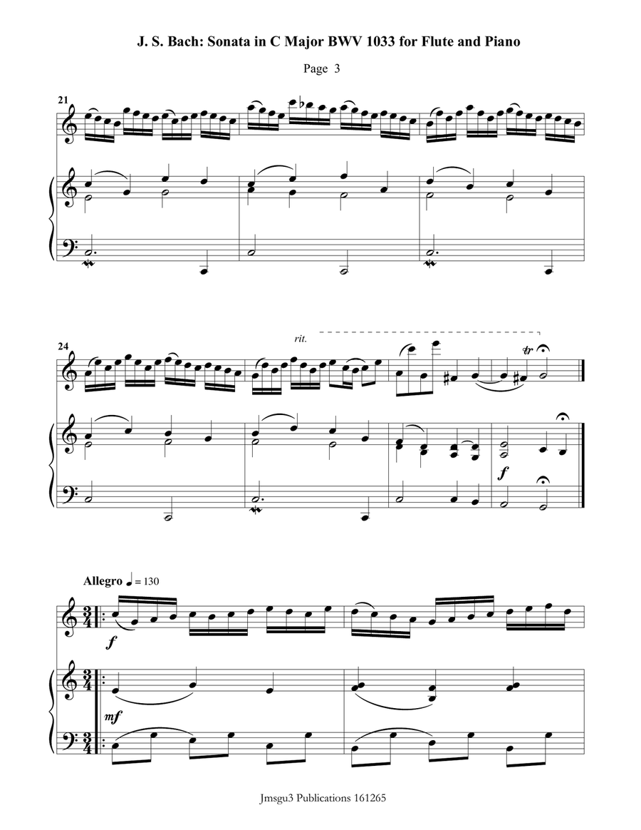 BACH: Sonata in C Major BWV 1033 for Flute & Piano Chamber Music scores gallery preview page 3