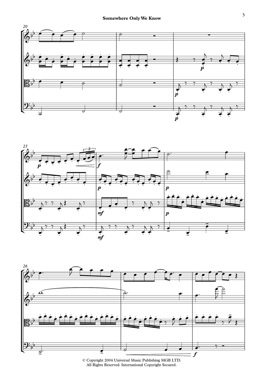 Somewhere Only We Know String Quartet scores gallery preview page 3