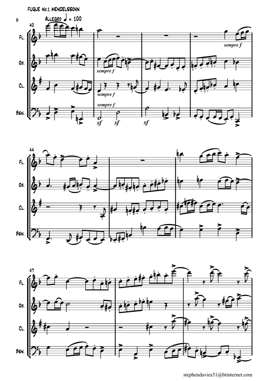 'Fugue No.1 From 6 Preludes & Fugues Op.35' by Felix Mendelssohn-Bartholdy for Woodwind Quartet. Woodwind Quartet scores gallery preview page 6