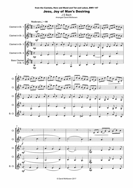 Jesu Joy of Man's Desiring, J S Bach, for Clarinet Quintet or Clarinet Choir image number null