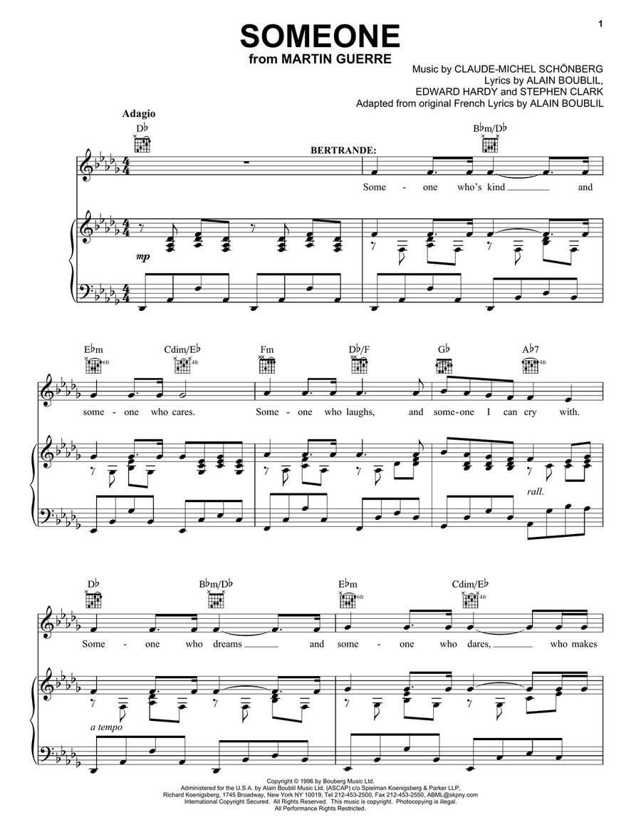 Someone (from Martin Guerre) Piano, Vocal, Guitar scores gallery preview page 1