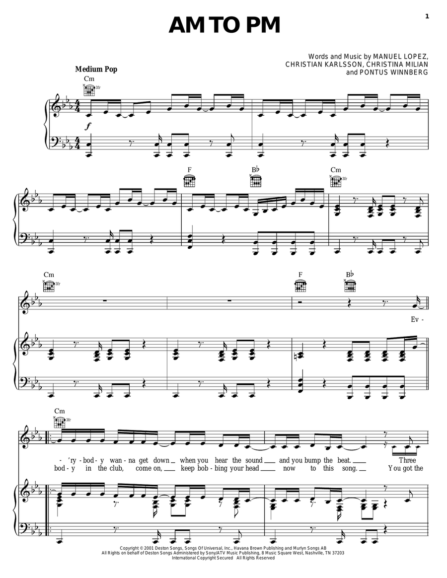 AM To PM AM To PM Piano, Vocal, Guitar scores gallery preview page 1