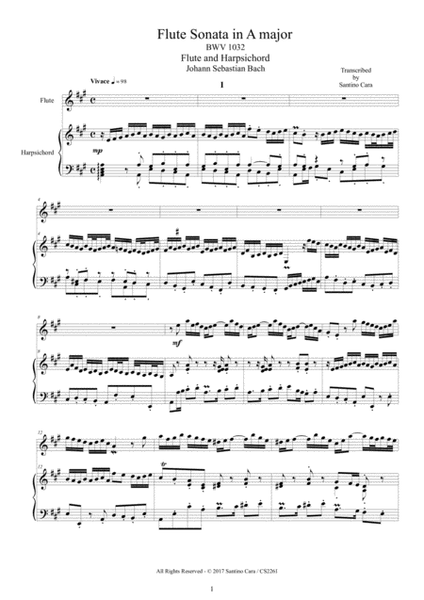 Bach - Four Flute Sonatas for Flute and Harpsichord or Piano BWV 1032-33-34-35 - Scores and Part
