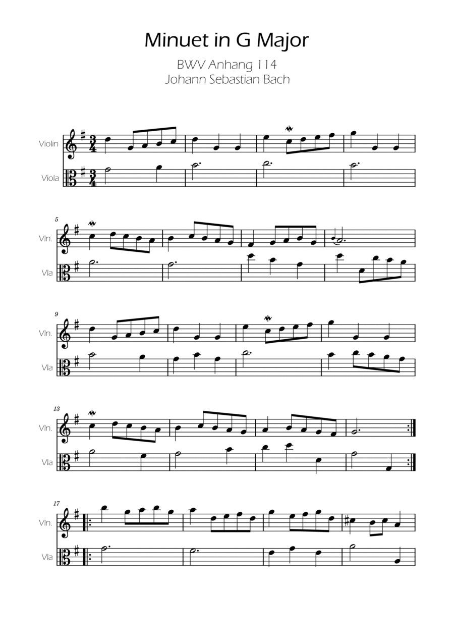 Minuet in G major BWV Anh. 114 - Bach - Violin and Viola String Duet scores gallery preview page 1