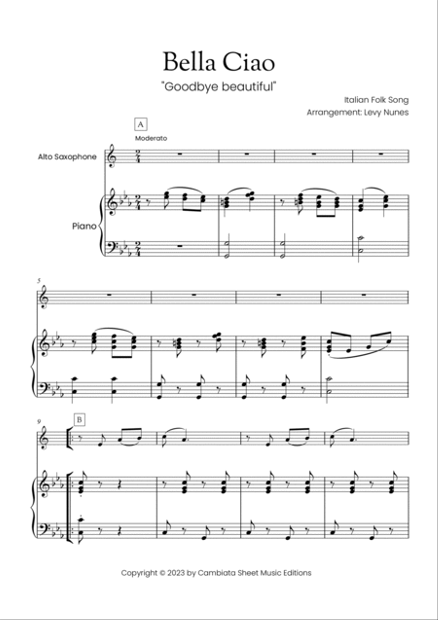 Bella Ciao - Solo alto saxophone and piano accompaniment (Easy) Alto Saxophone scores gallery preview page 2