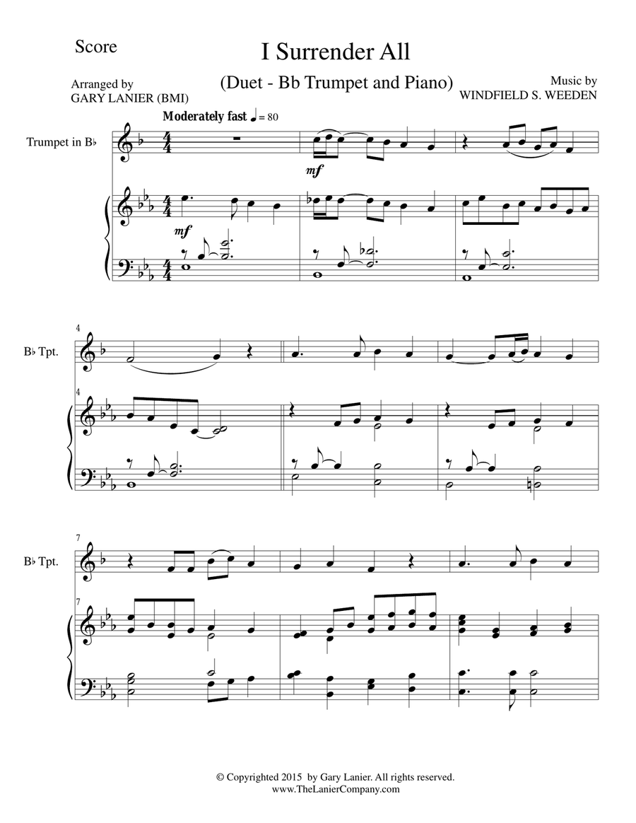 Gary Lanier: 3 BEAUTIFUL HYMNS (Duets for Bb Trumpet & Piano) Trumpet Duet scores gallery preview page 2