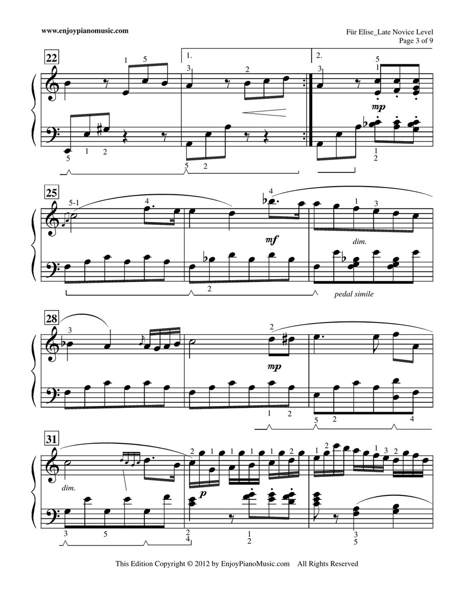 Fur Elise--original piano solo re-written in 3/4 time signature Piano Method scores gallery preview page 3