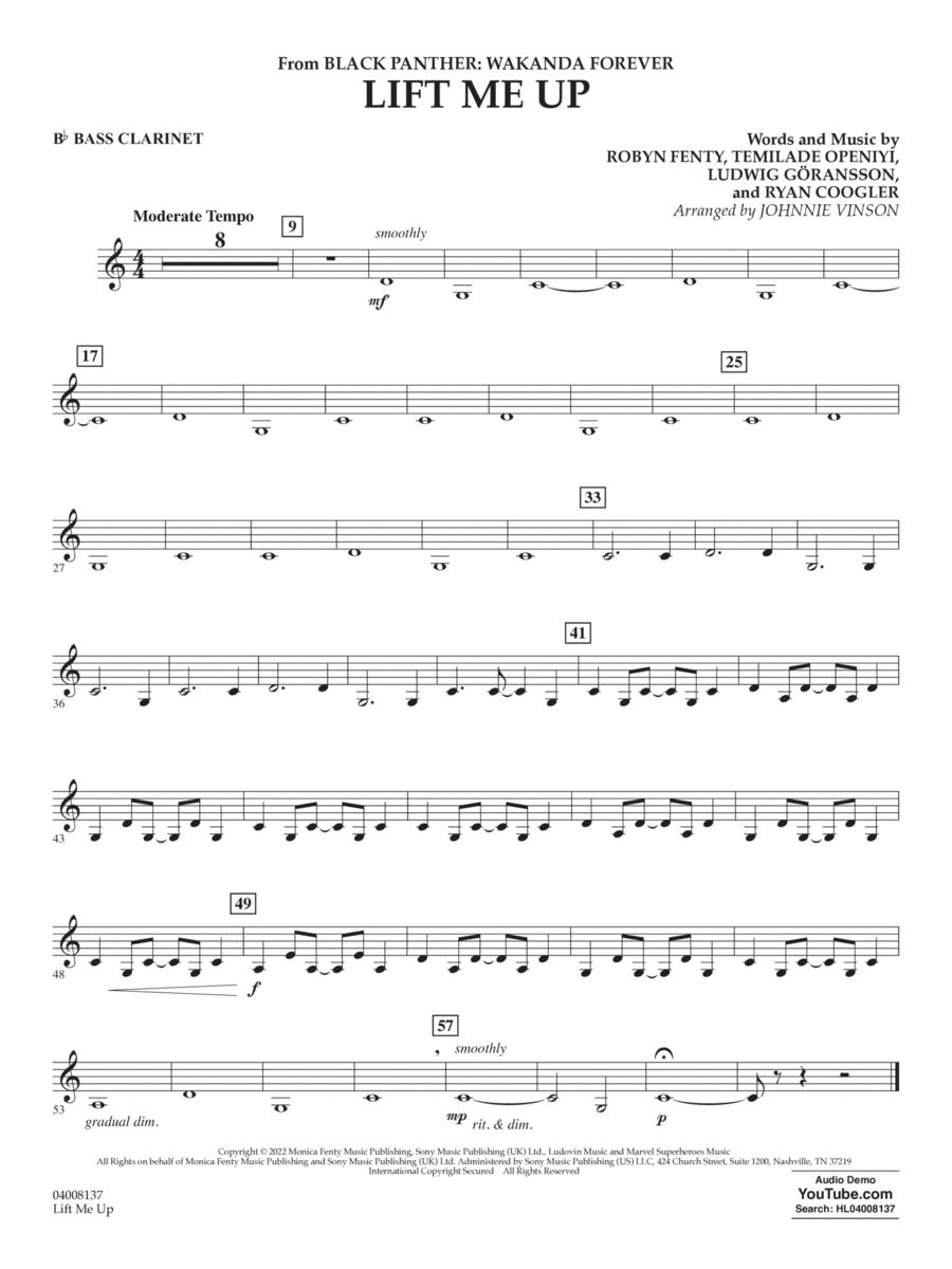 Lift Me Up (from Black Panther: Wakanda Forever) (arr. Vinson) - Bb Bass Clarinet