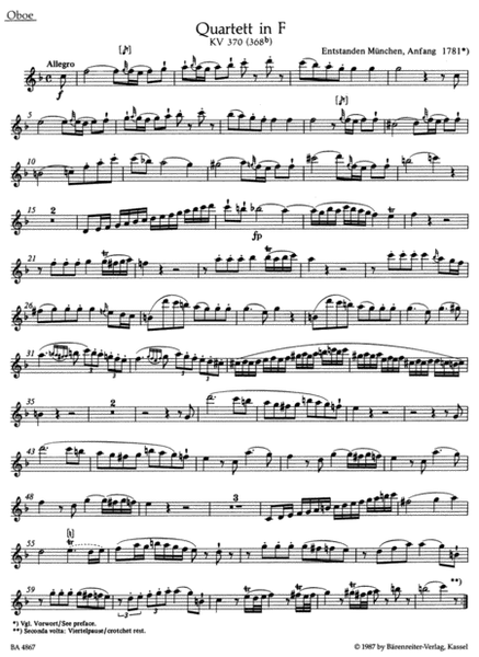 Oboe Quartet In F Major, K. 370 by Wolfgang Amadeus Mozart Oboe - Sheet Music