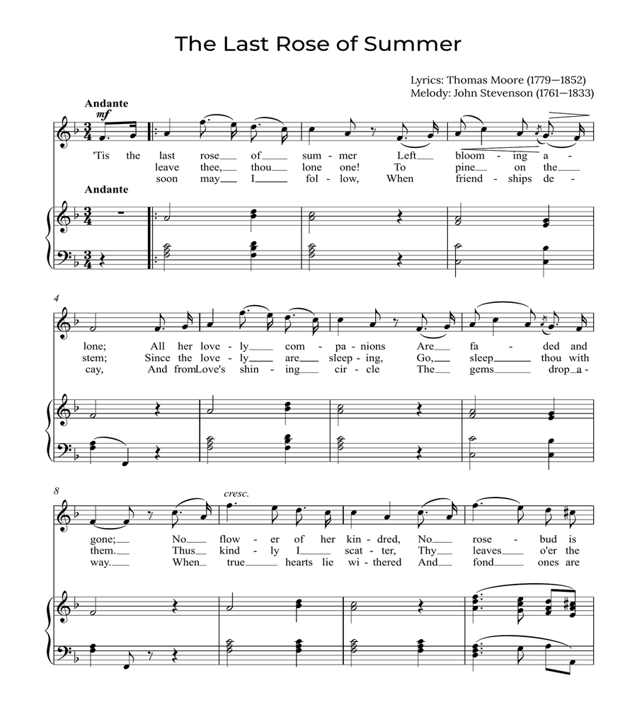 The Last Rose of Summer - Soprano with piano in F Soprano Voice scores gallery preview page 1