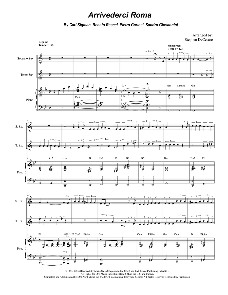 Arrivederci Roma (goodbye To Rome) Tenor Saxophone scores gallery preview page 1
