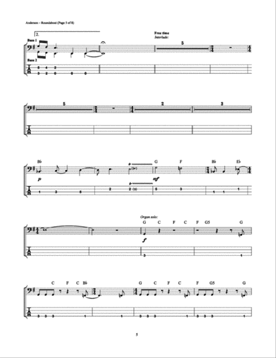 Roundabout Bass Guitar Tablature scores gallery preview page 5