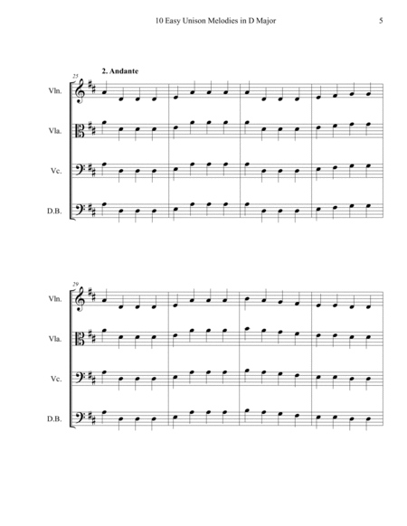 10 Easy Unison Melodies in D Major, for beginner level string orchestra. SCORE & PARTS.