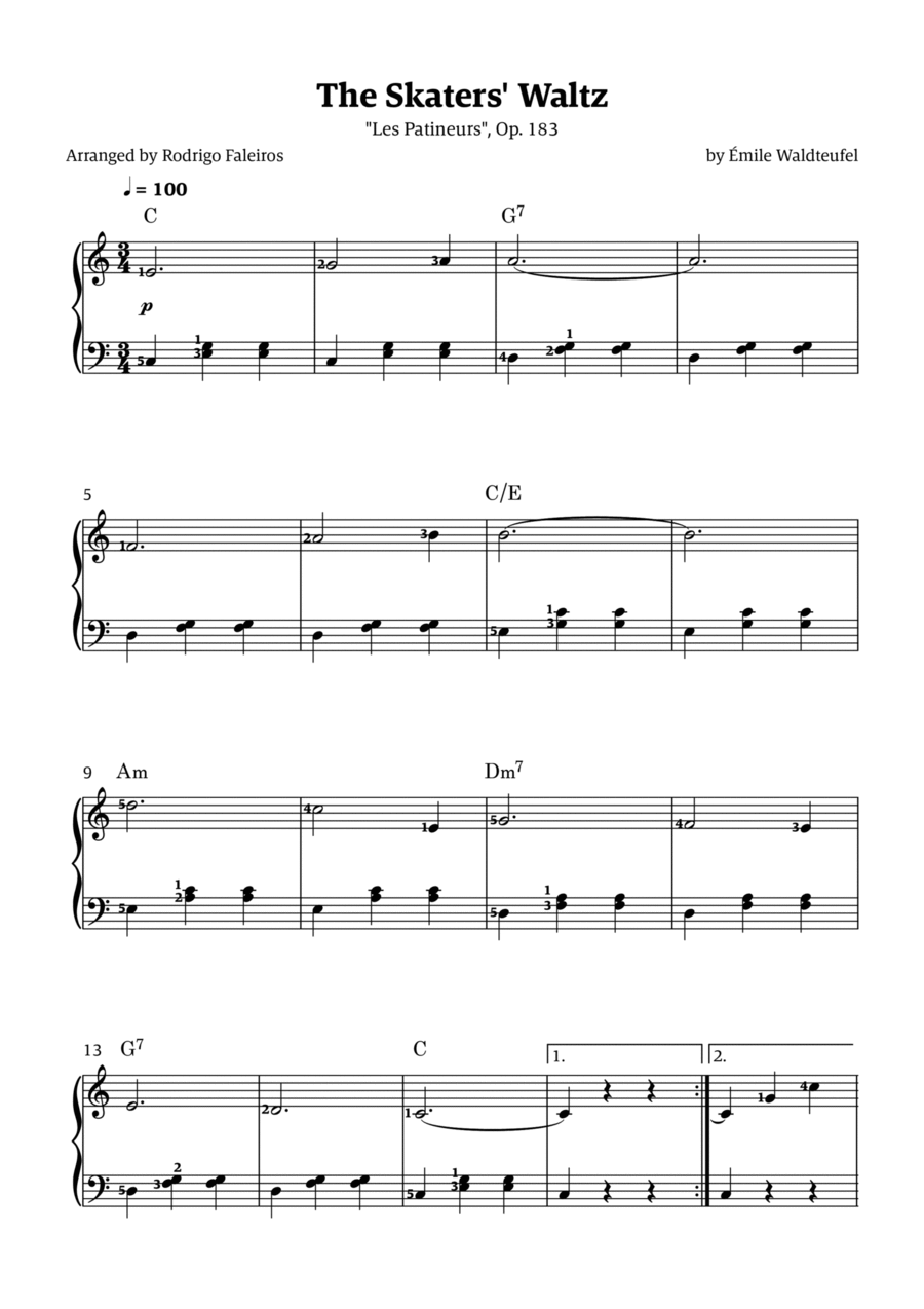 The Skaters Waltz (for beginners - with chords and fingerings) Easy Piano scores gallery preview page 1