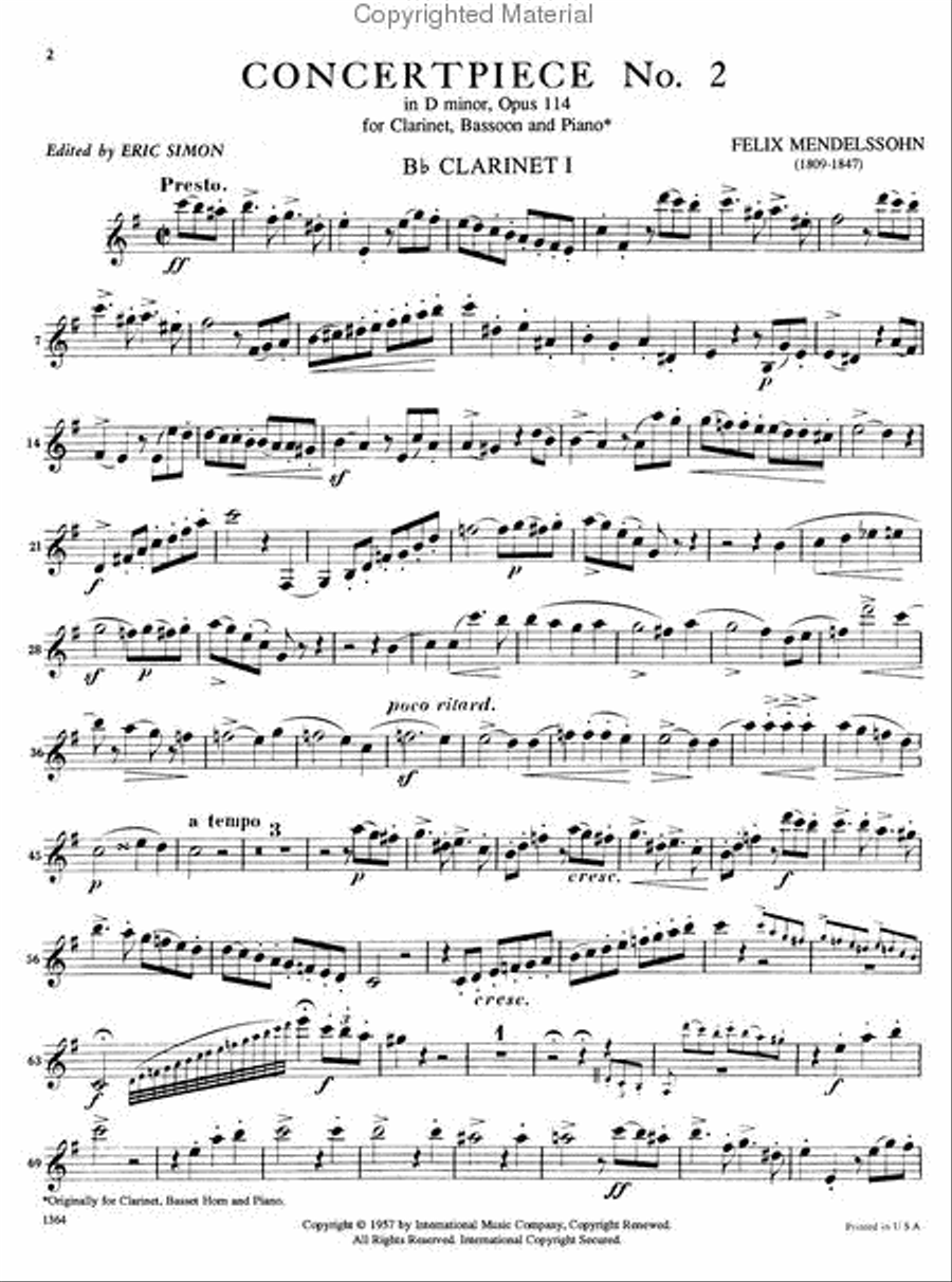 Concert Piece No. 2 in D minor, Op. 114 for Clarinet, Bassoon (or Cello) & Piano or 2 Clarinets & Piano