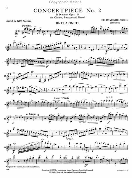 Concert Piece No. 2 in D minor, Op. 114 for Clarinet, Bassoon (or Cello) & Piano or 2 Clarinets & Piano by Felix Bartholdy Mendelssohn Bassoon - Sheet Music
