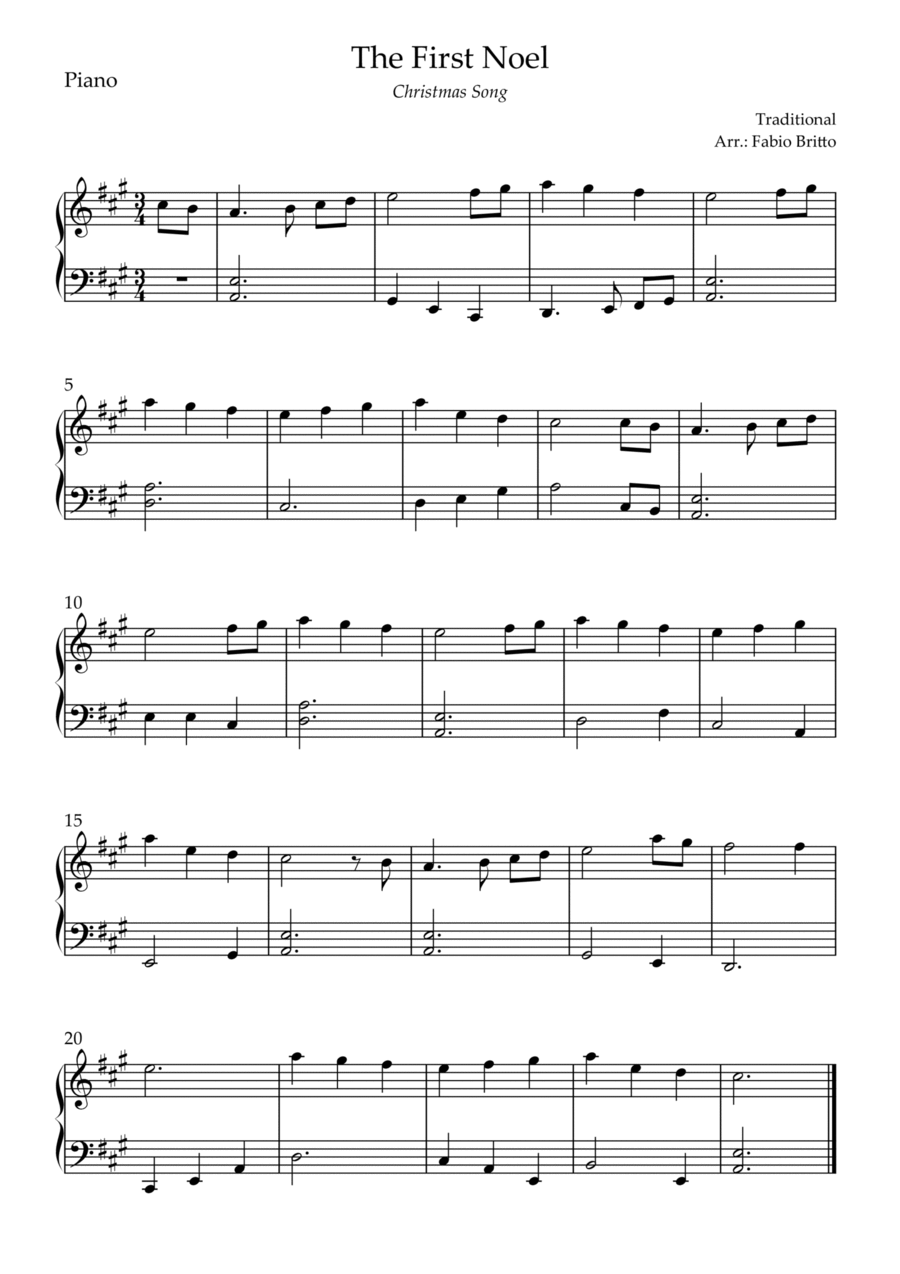 The First Noel (Christmas Song) for Easy Piano Solo in A Major Easy Piano scores gallery preview page 1
