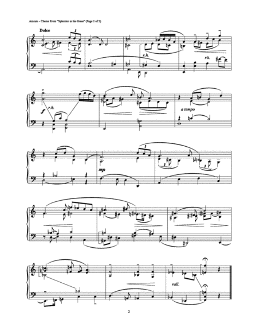Splendor in the Grass (Main Theme) Piano Solo scores gallery preview page 2