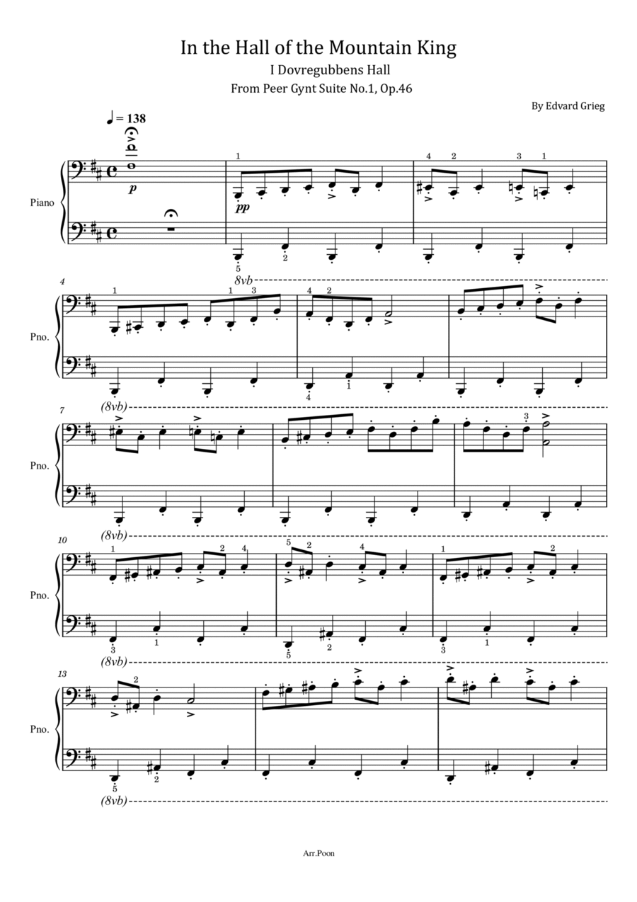 Grieg - In the Hall of the Mountain King - Peer Gynt Suite No1, Op.46 - Original With Fingered Piano Solo scores gallery preview page 1