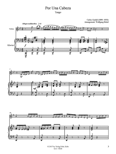 Por Una Cabeza -Tango- (für Violine und Klavier)