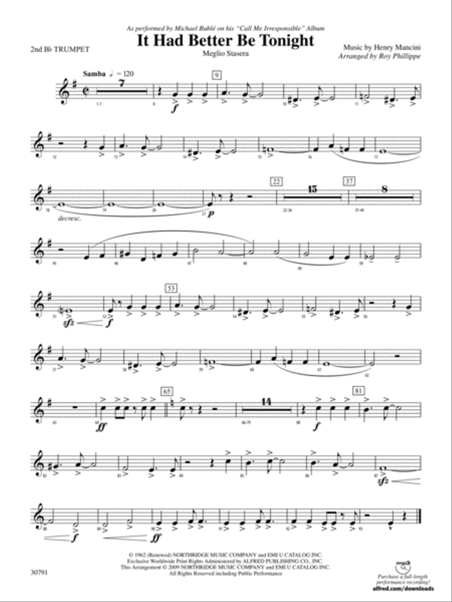It Had Better Be Tonight (Meglio Stasera): 2nd B-flat Trumpet Concert Band scores gallery preview page 1
