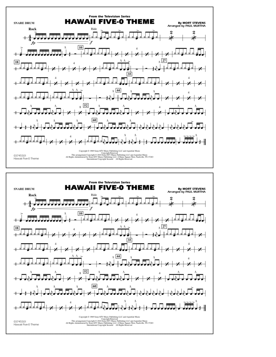 Hawaii Five-O Theme - Snare Drum Marching Band scores gallery preview page 1