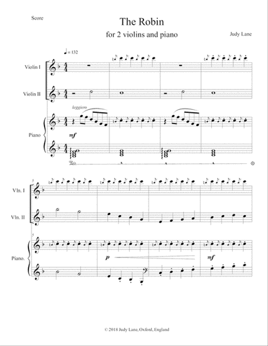 The Robin - [Instrumental version of the song] for piano 2 violins or flutes Woodwind Ensemble scores gallery preview page 2