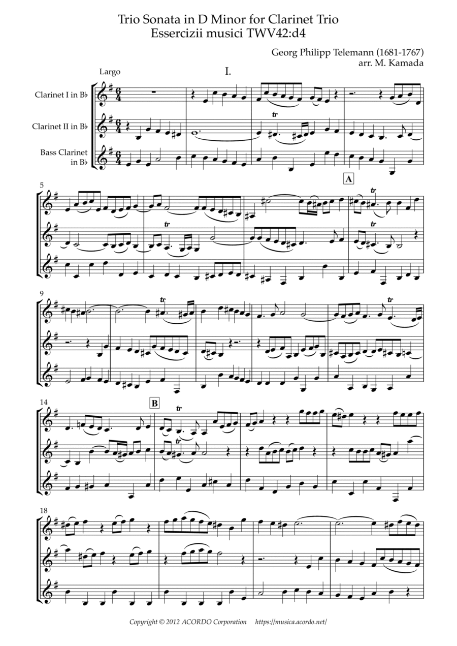 Trio Sonata in D Minor for Clarinet Trio Essercizii musici TWV42:d4 Clarinet Trio scores gallery preview page 1